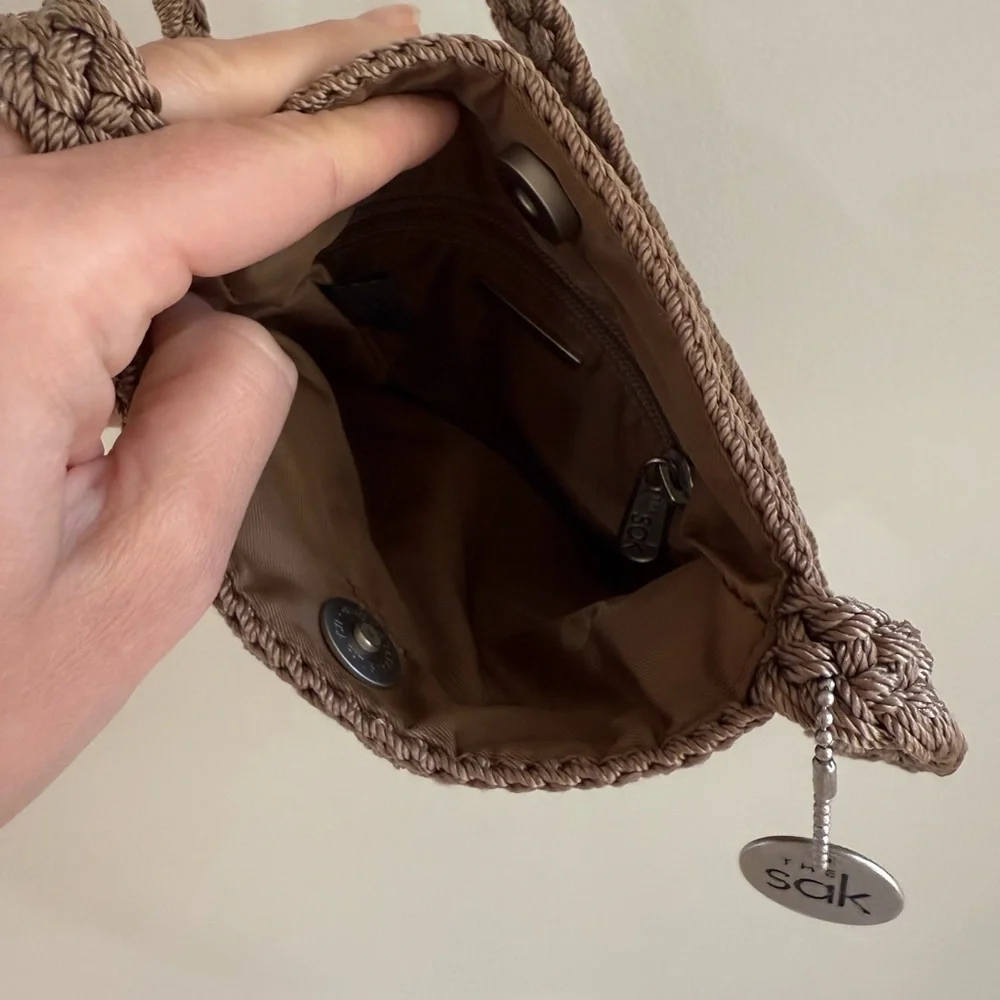 The Sak Crochet Knit Boho Small Crossbody Bag - Light Brown/Taupe